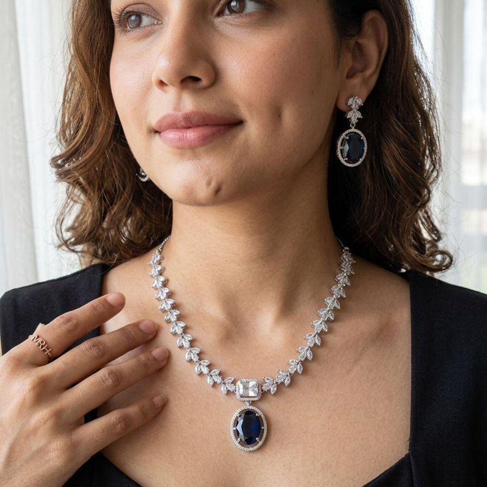 Jewel Addiction Rhodium Plated Classic American Diamond Necklace Set