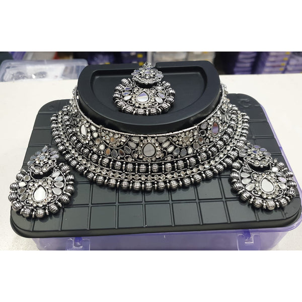 Sofine Oxidised Plated Mirror Necklace Set