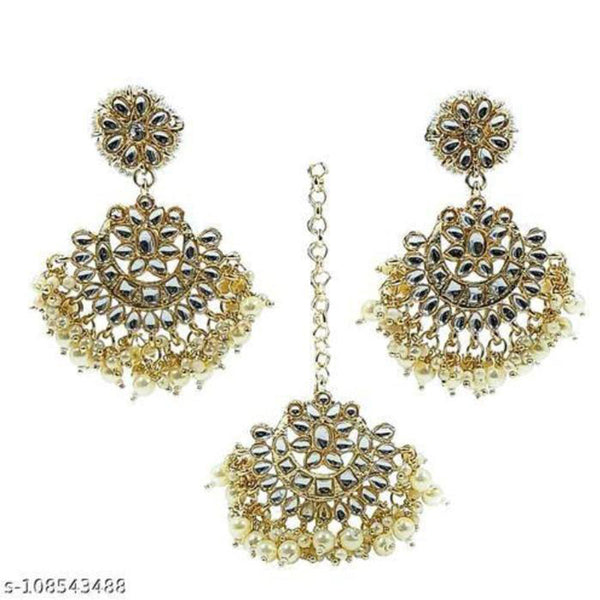 Jcm Jewellery Gold Plated Kundan Stone And Pearls Dangler Earrings With Maangtikka