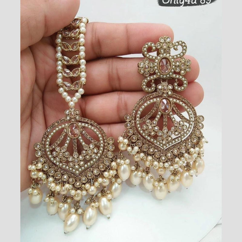 Jcm Jewellery Gold Plated Crystal Stone And Pearls Dangler Earrings With Maangtikka