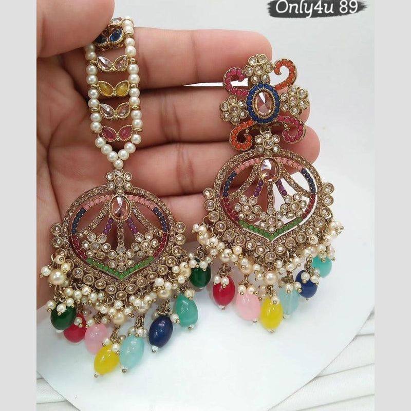 Jcm Jewellery Gold Plated Crystal Stone And Pearls Dangler Earrings With Maangtikka