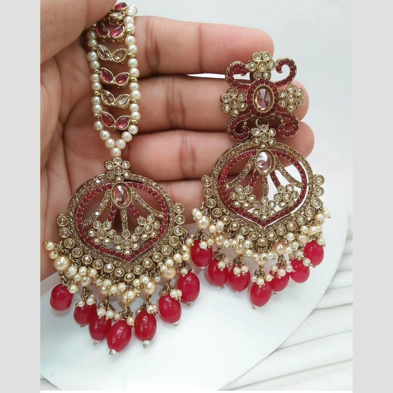 Jcm Jewellery Gold Plated Crystal Stone And Pearls Dangler Earrings With Maangtikka