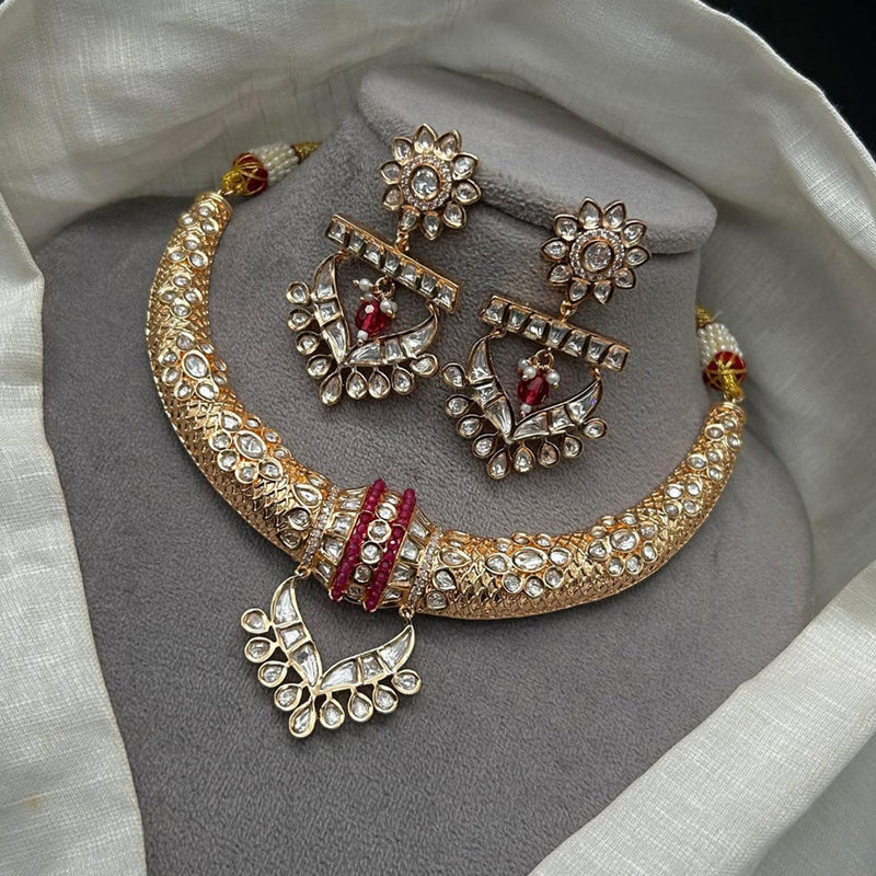 JCM Jewellery Gold Plated Polki Kundan Stone And Pearls Necklace Set