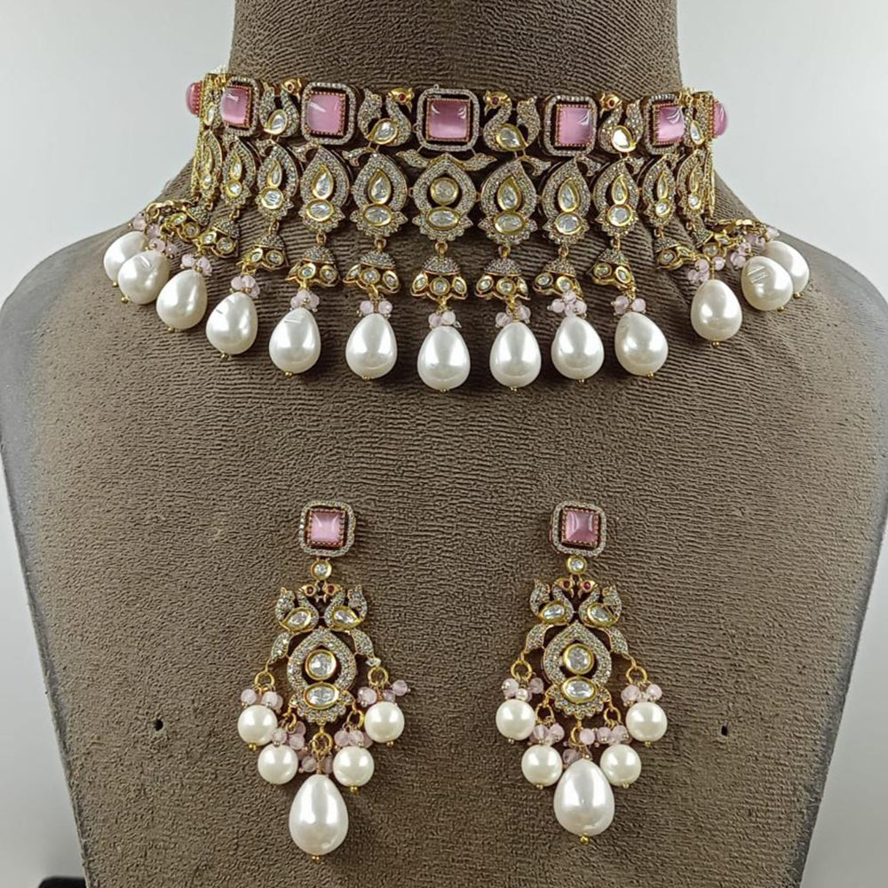 JCM Jewellery Gold Plated Polki Kundan Stone And Beads Choker Necklace Set