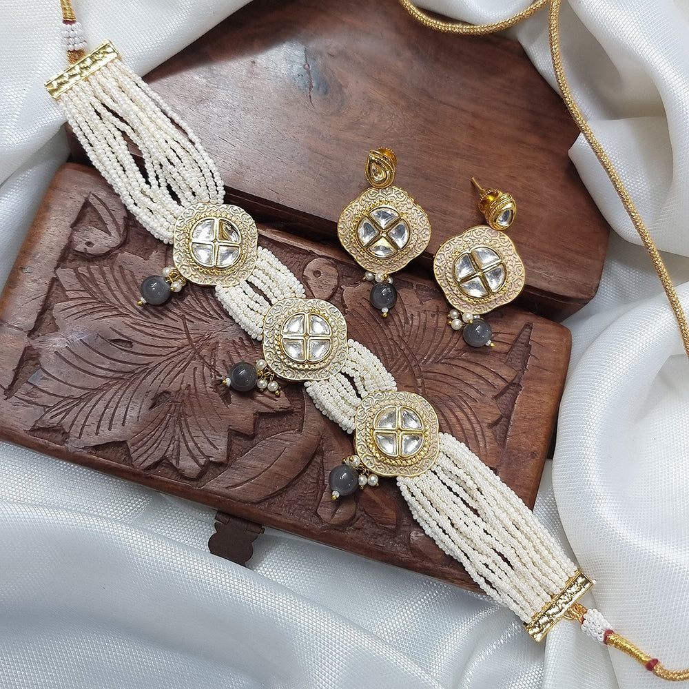 JCM Gold Plated Kundan Stone And Pearls Choker Necklace Set