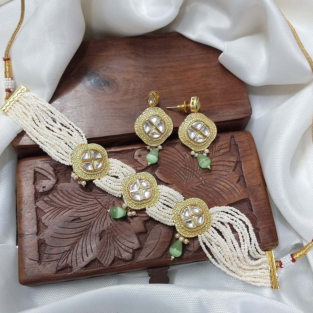JCM Gold Plated Kundan Stone And Pearls Choker Necklace Set