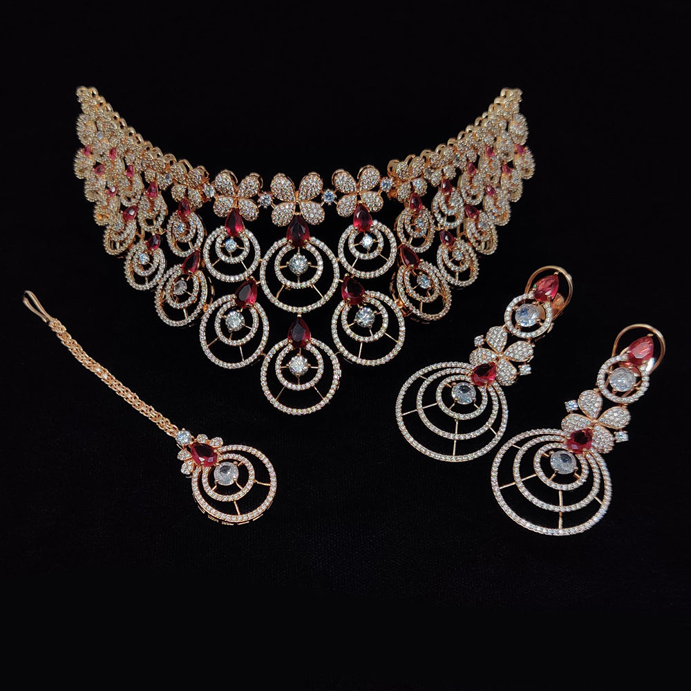 JCM Rose Gold Plated American Diamond Choker Necklace Set