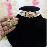 JCM Gold Plated Crystal Stone And Pearls Choker Necklace Set