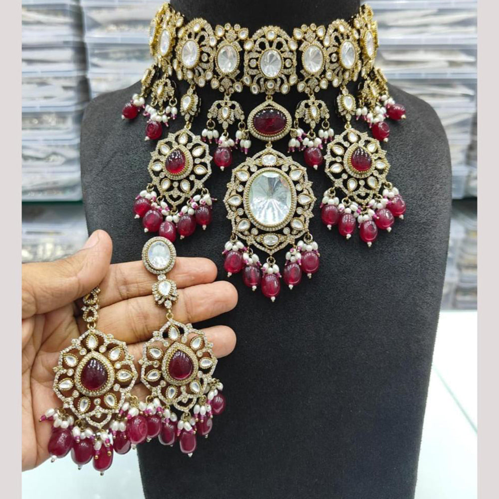 JCM Gold Plated Polki Kundan Stone And Beads Choker Necklace Set