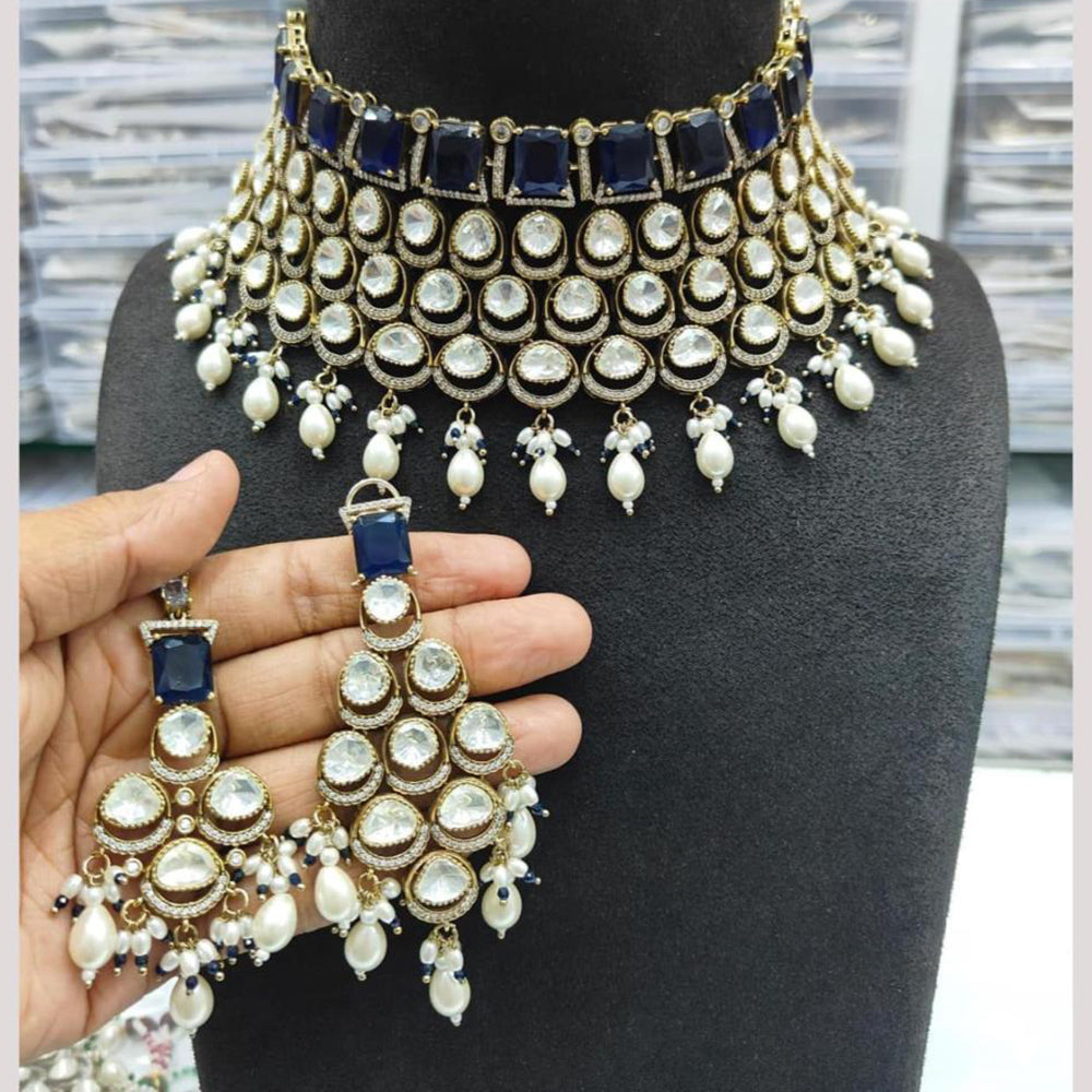 JCM Gold Plated Polki Kundan Stone And Pearl Choker Necklace Set