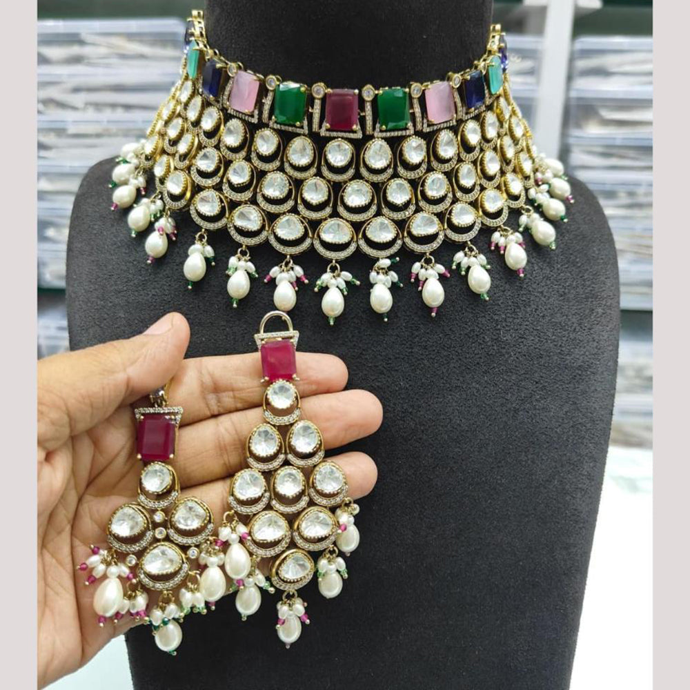 JCM Gold Plated Polki Kundan Stone And Pearl Choker Necklace Set