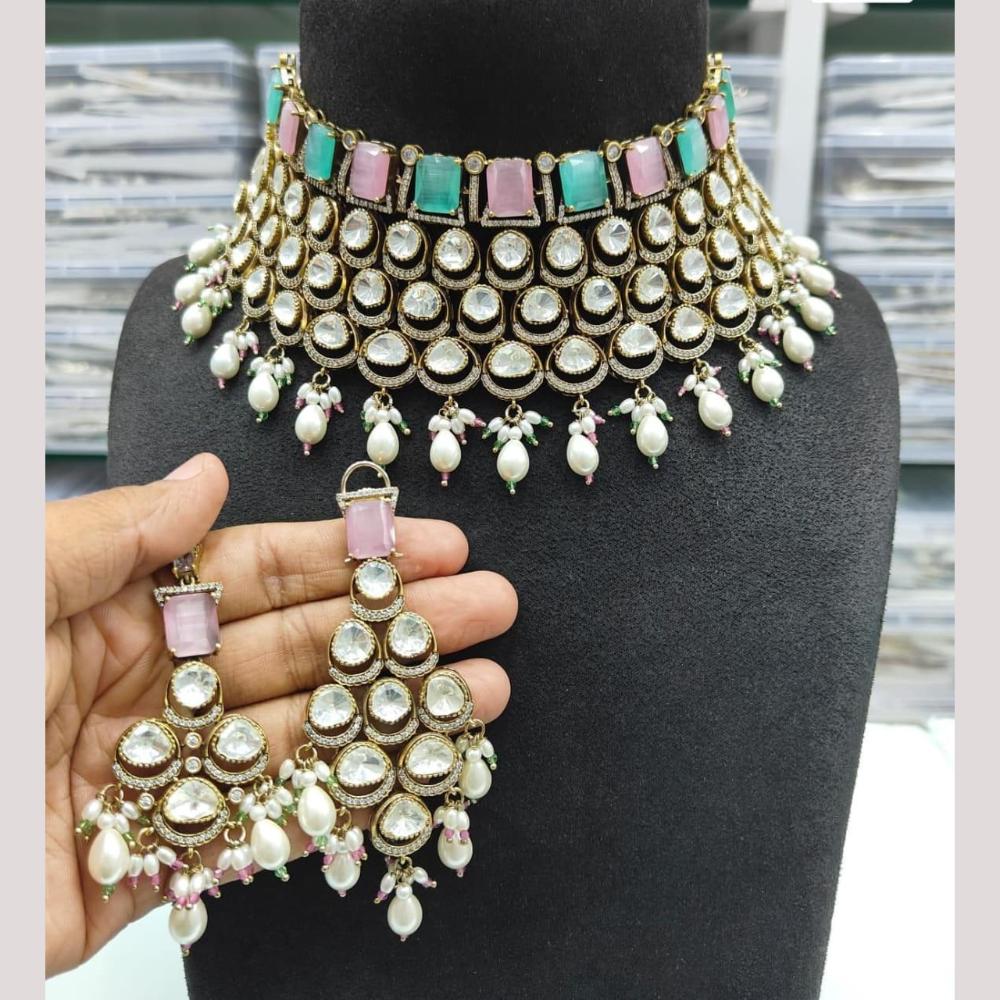 JCM Gold Plated Polki Kundan Stone And Pearl Choker Necklace Set