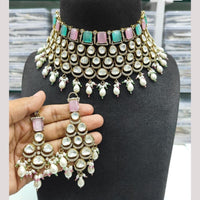JCM Gold Plated Polki Kundan Stone And Pearl Choker Necklace Set