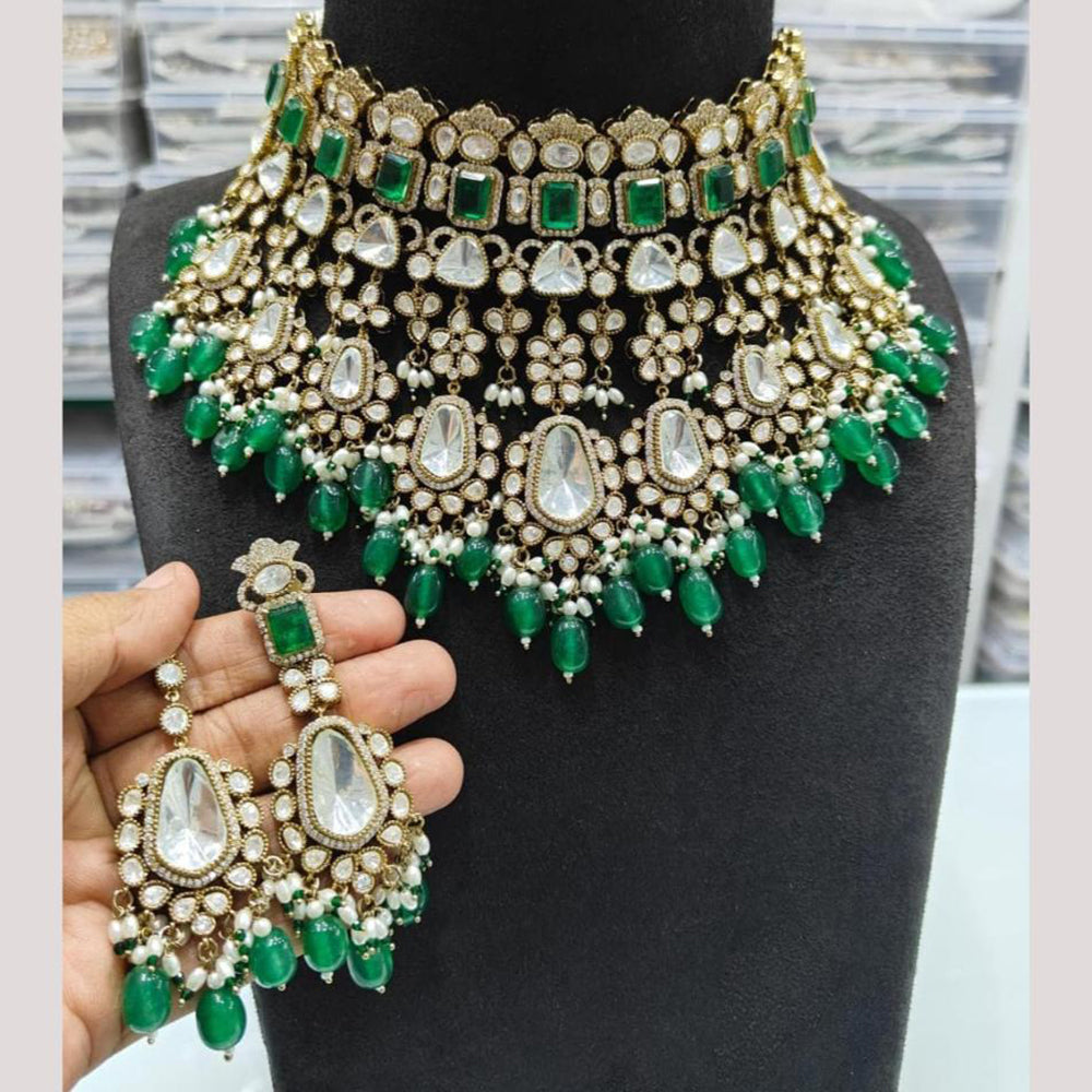 JCM Gold Plated Polki Kundan Stone And Beads Choker Necklace Set