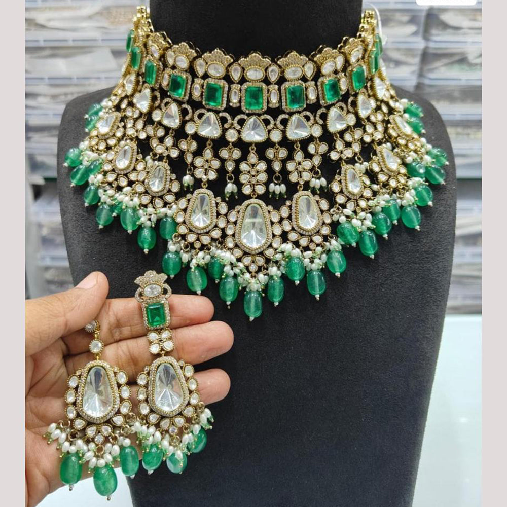 JCM Gold Plated Polki Kundan Stone And Beads Choker Necklace Set