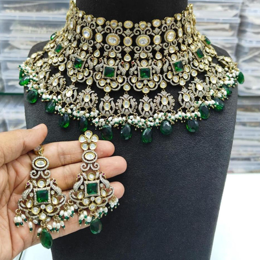 JCM Gold Plated Polki Kundan Stone And Beads Choker Necklace Set