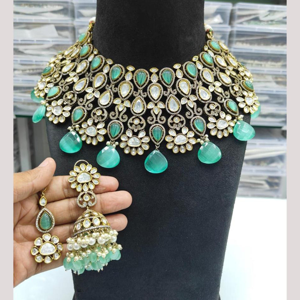 JCM Gold Plated Polki Kundan Stone And Beads Choker Necklace Set