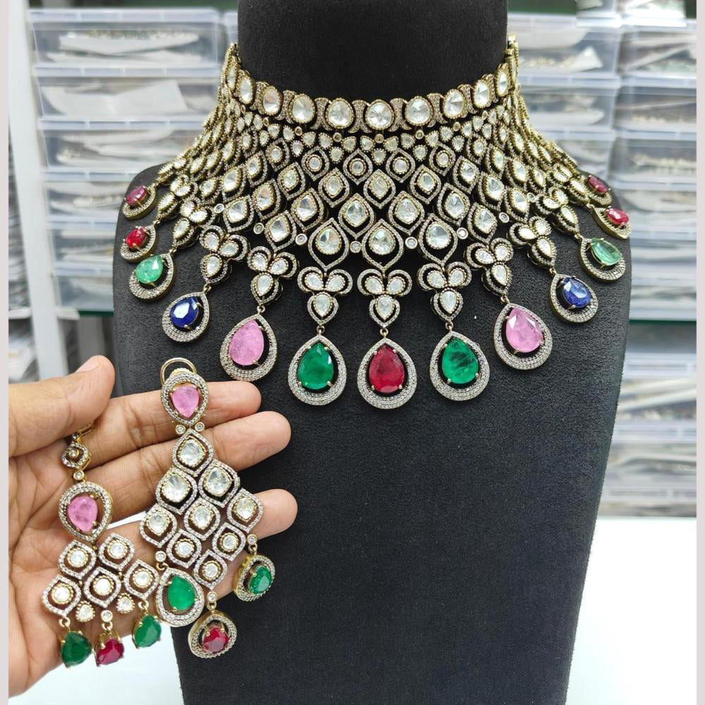 JCM Gold Plated Polki Kundan Stone Choker Necklace Set