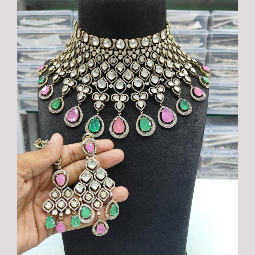 JCM Gold Plated Polki Kundan Stone Choker Necklace Set