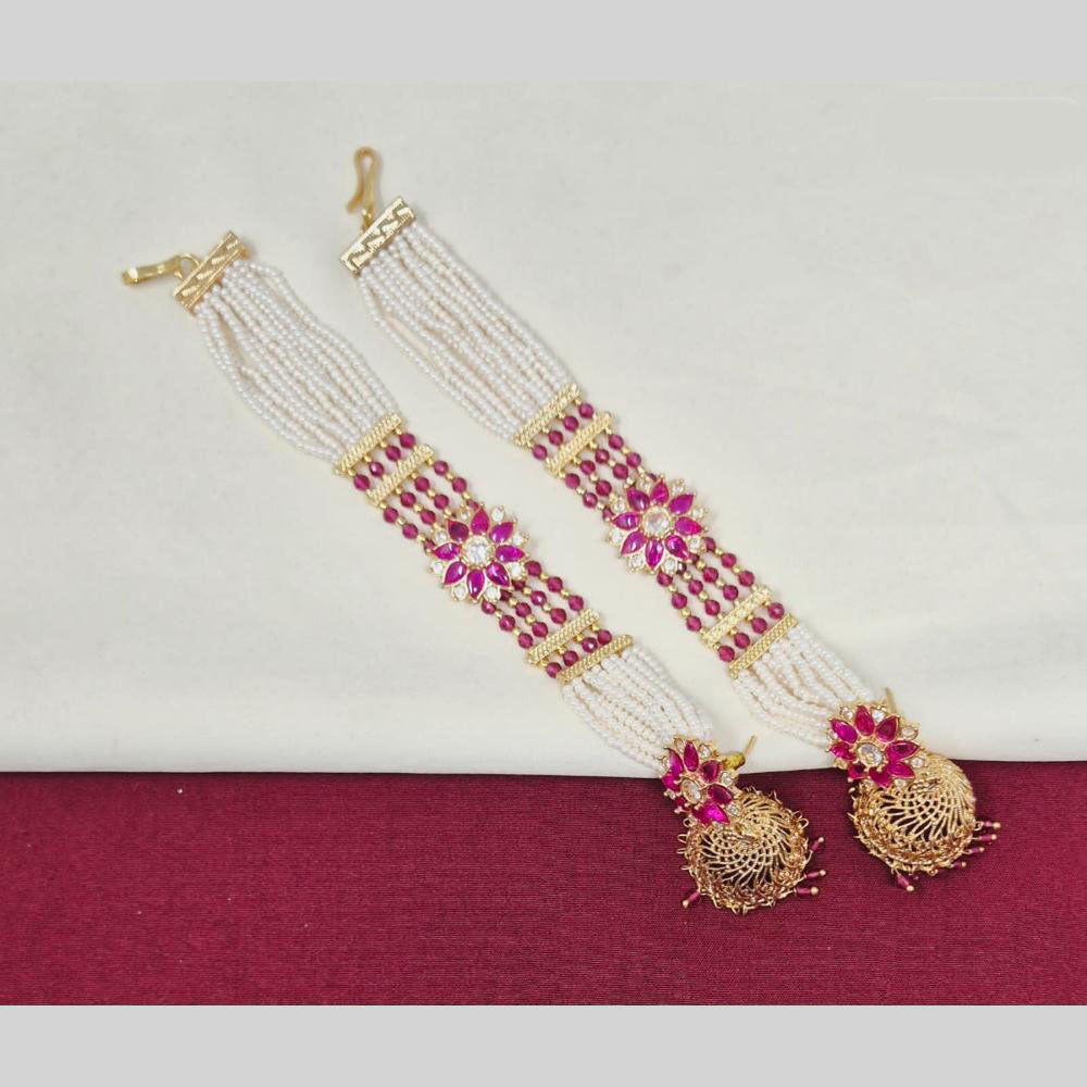 JCM Gold Plated Pota Stone And Pearls Jhumki Kanchain Earrings