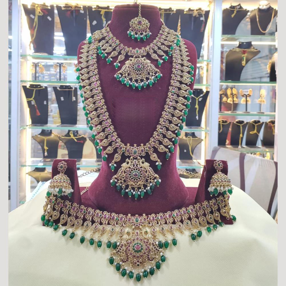JCM Gold Plated Pota Stone And Pearl Temple Double Necklace Set