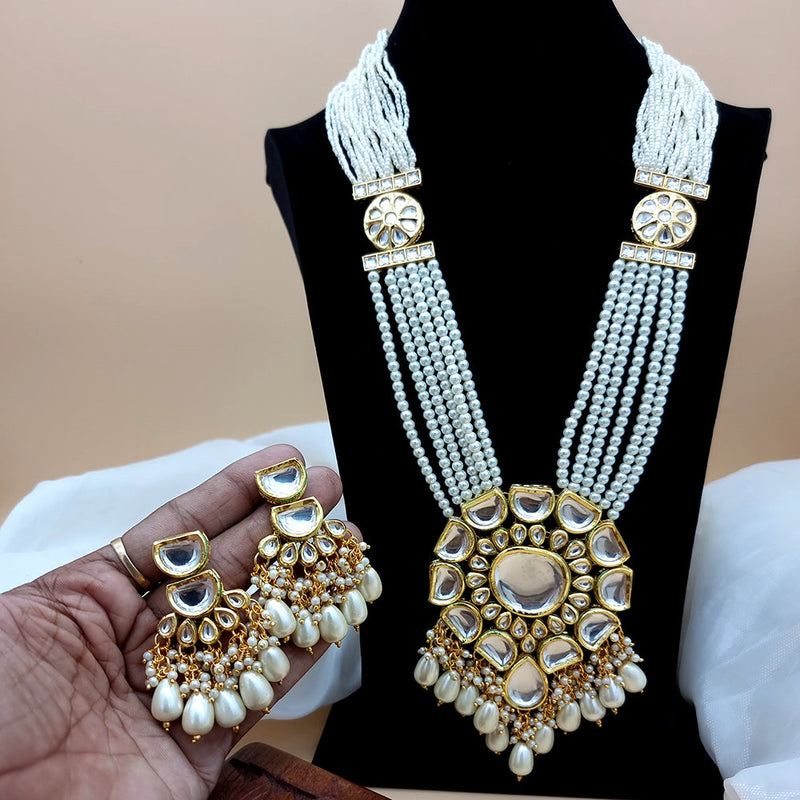 JCM Gold Plated Kundan And Pearl Long Necklace Set