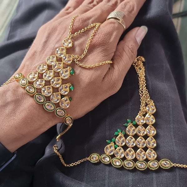 Jcm Gold Plated Kundan Stone And Pearls Hand Harness