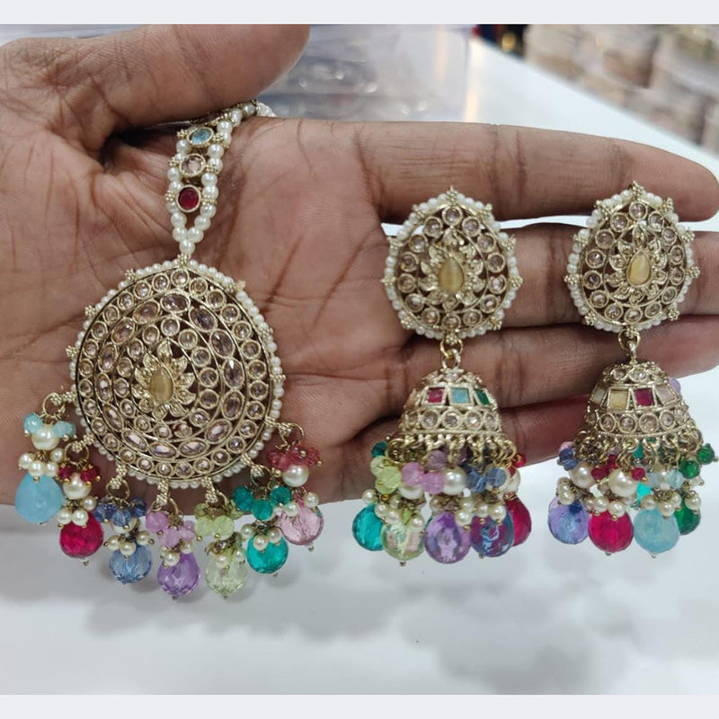 JCM Gold Plated Crystal Stone Jhumki Earrings With Maangtikka