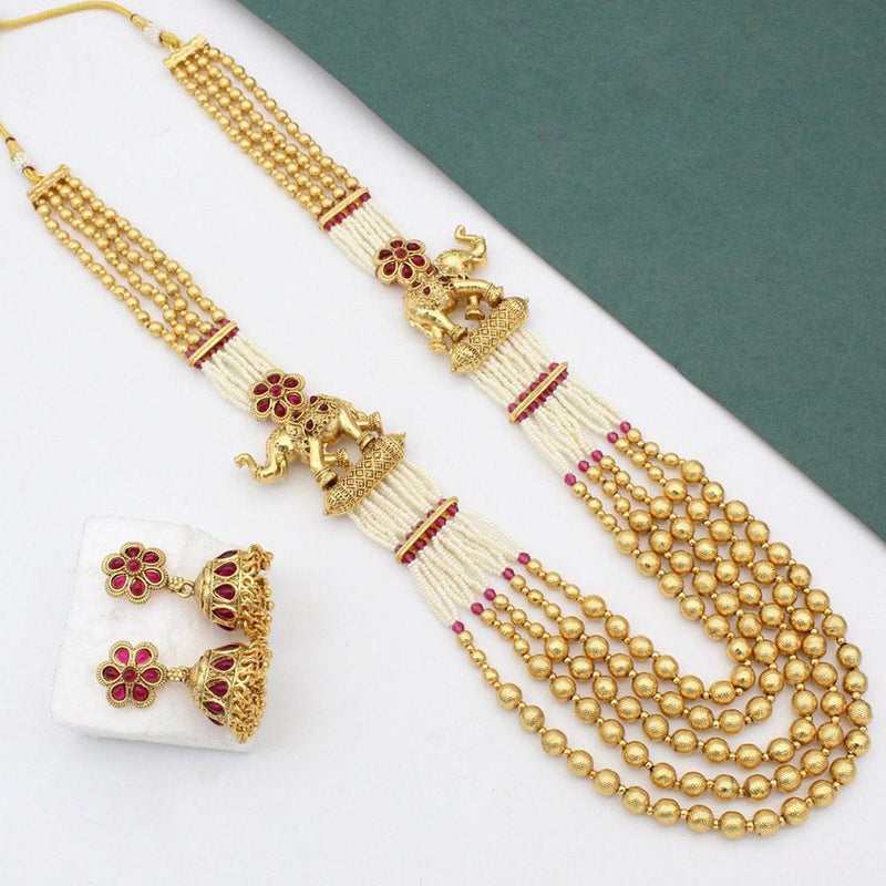 JCM Gold Plated Pota Stone And Pearls Long Necklace Set