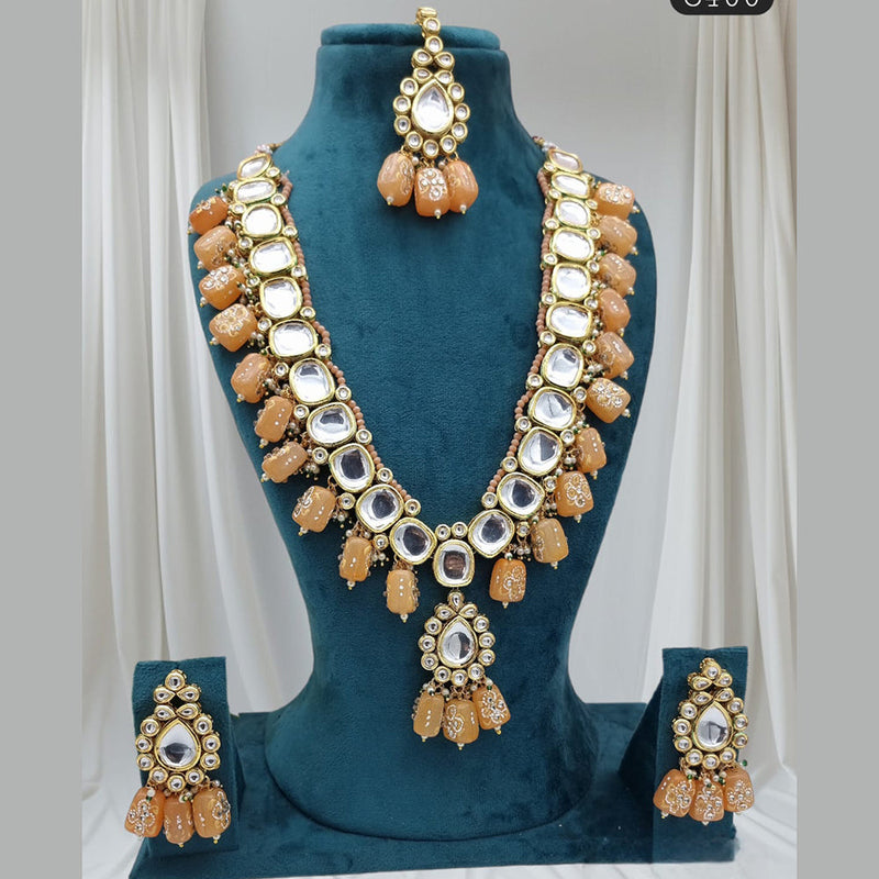 JCM Gold Plated Kundan Stone And Pearls Long Necklace Set