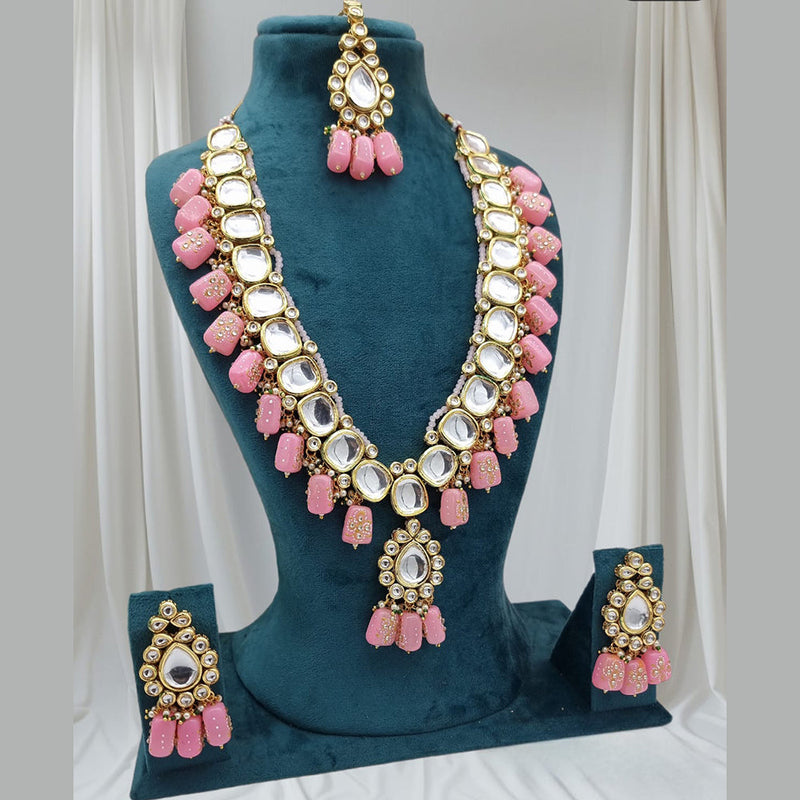 JCM Gold Plated Kundan Stone And Pearls Long Necklace Set