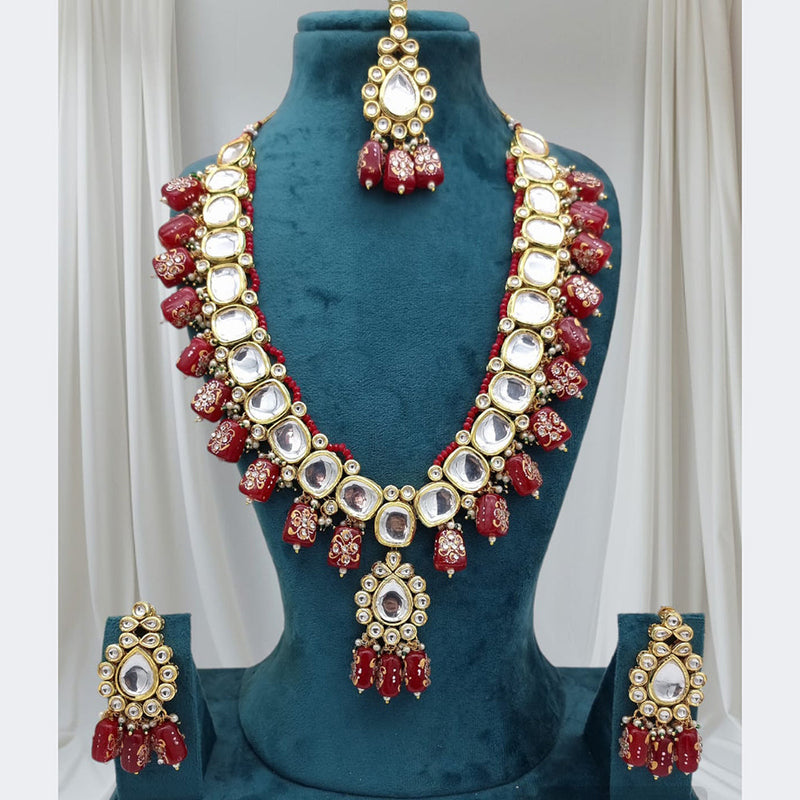 JCM Gold Plated Kundan Stone And Pearls Long Necklace Set