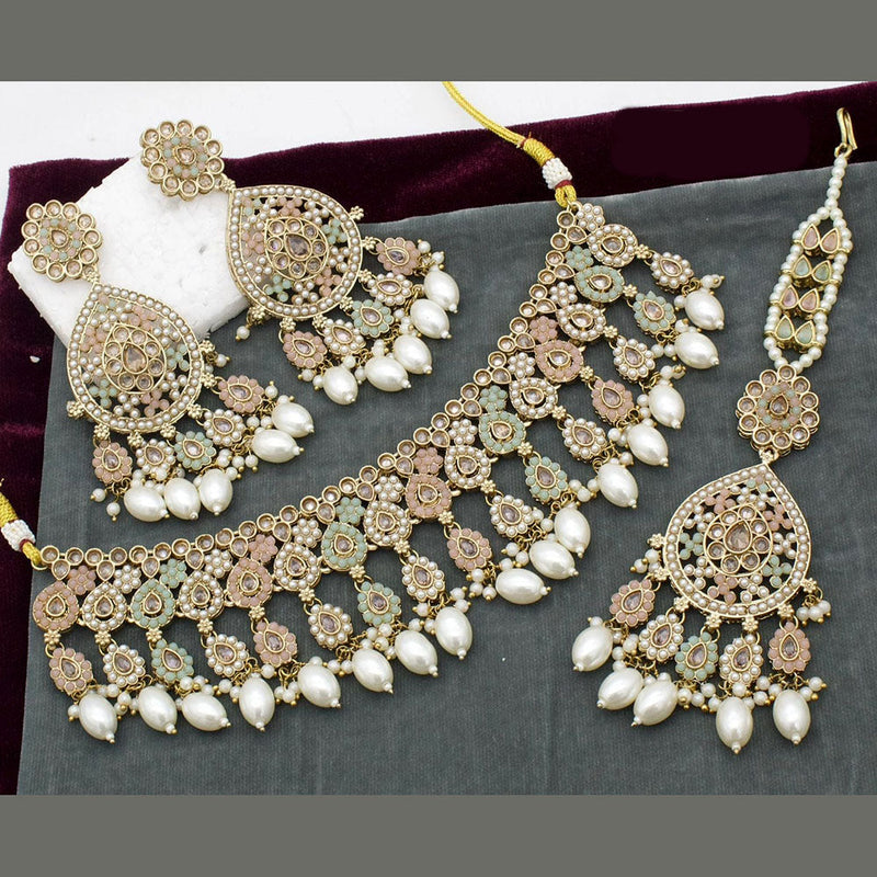 Jcm Gold Plated Crystal Stone And Pearls Choker Necklace Set