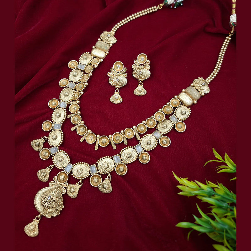 Jcm Gold Plated Crystal Stone And Pearls Long Necklace Set