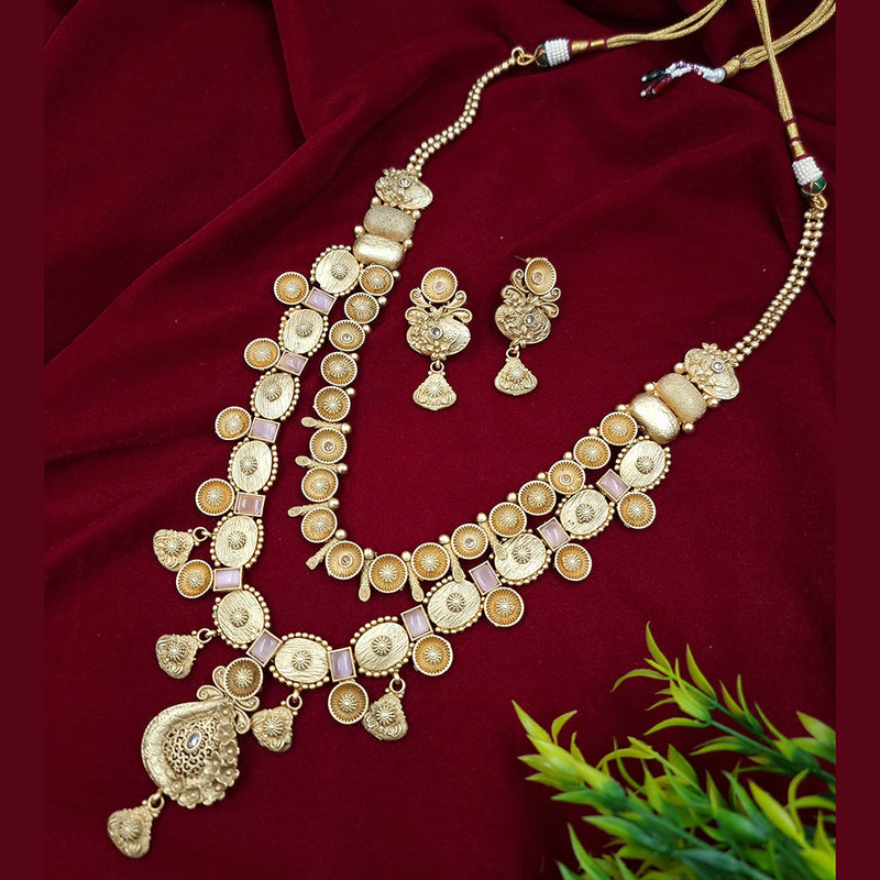 Jcm Gold Plated Crystal Stone And Pearls Long Necklace Set