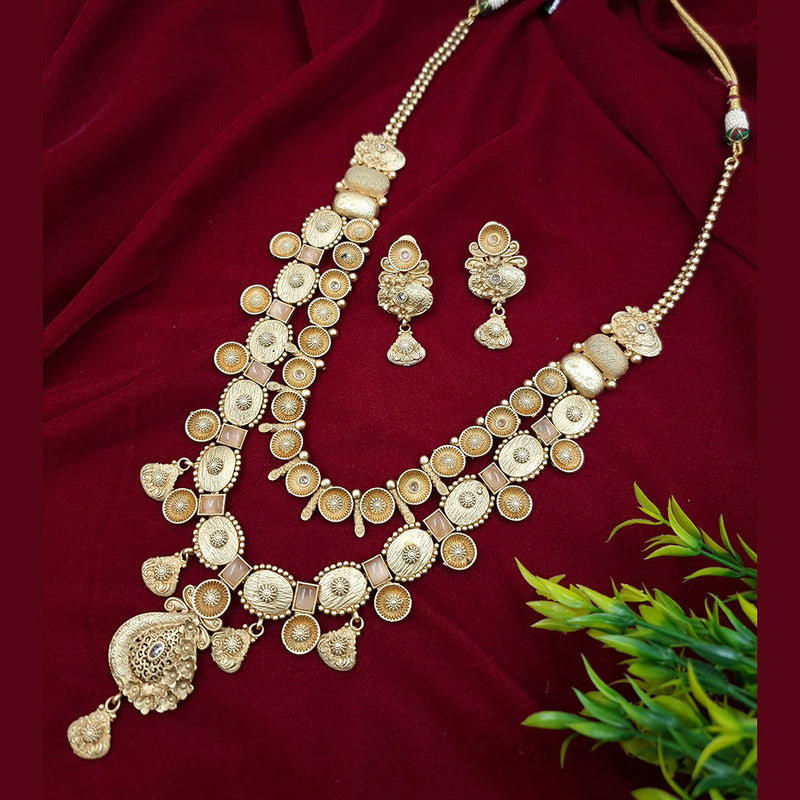 Jcm Gold Plated Crystal Stone And Pearls Long Necklace Set