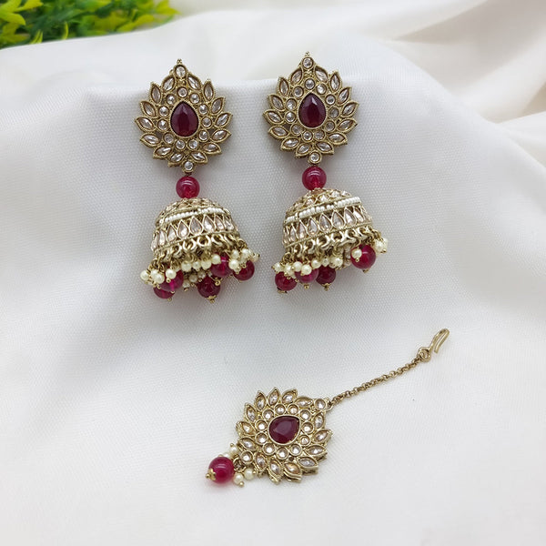 JCM Gold Plated Crystal Stone Jhumki Earrings With Maangtikka