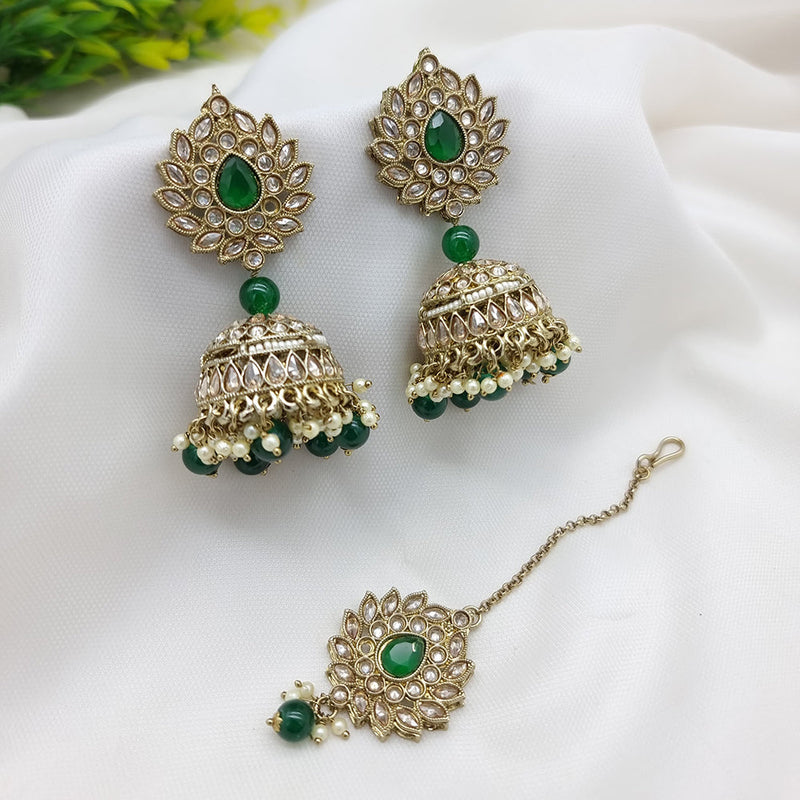 JCM Gold Plated Crystal Stone Jhumki Earrings With Maangtikka