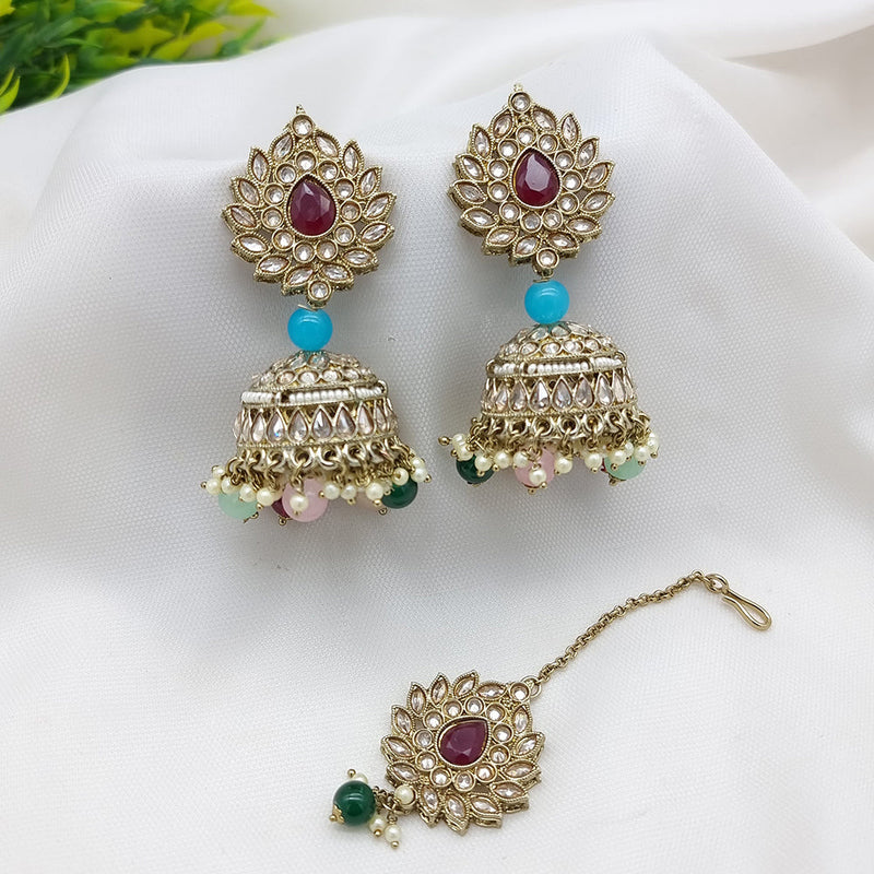 JCM Gold Plated Crystal Stone Jhumki Earrings With Maangtikka