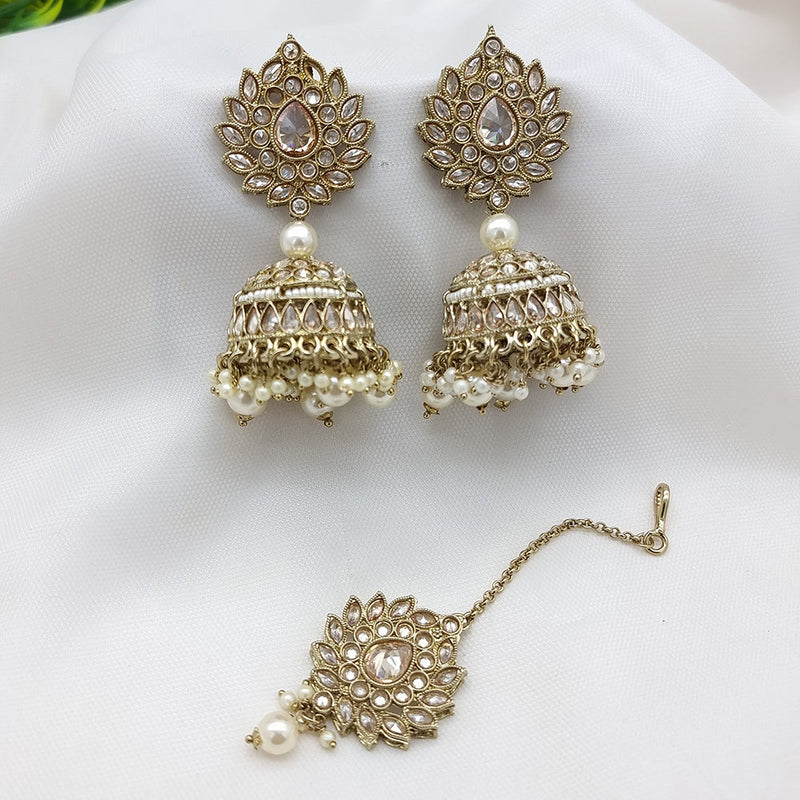 JCM Gold Plated Crystal Stone Jhumki Earrings With Maangtikka