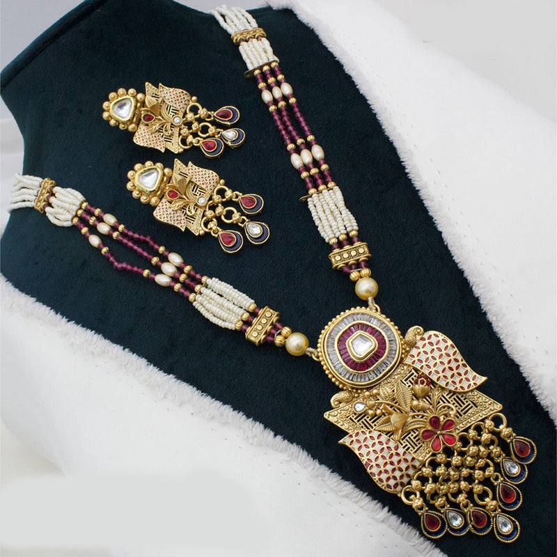 JCM Gold Plated Pota Stone And Pearl Long Necklace Set