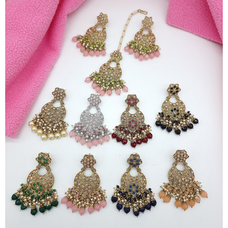 JCM Gold Plated Crystal Stone And Beads Dangler Earrings With Mangtikka (1 Set Only)