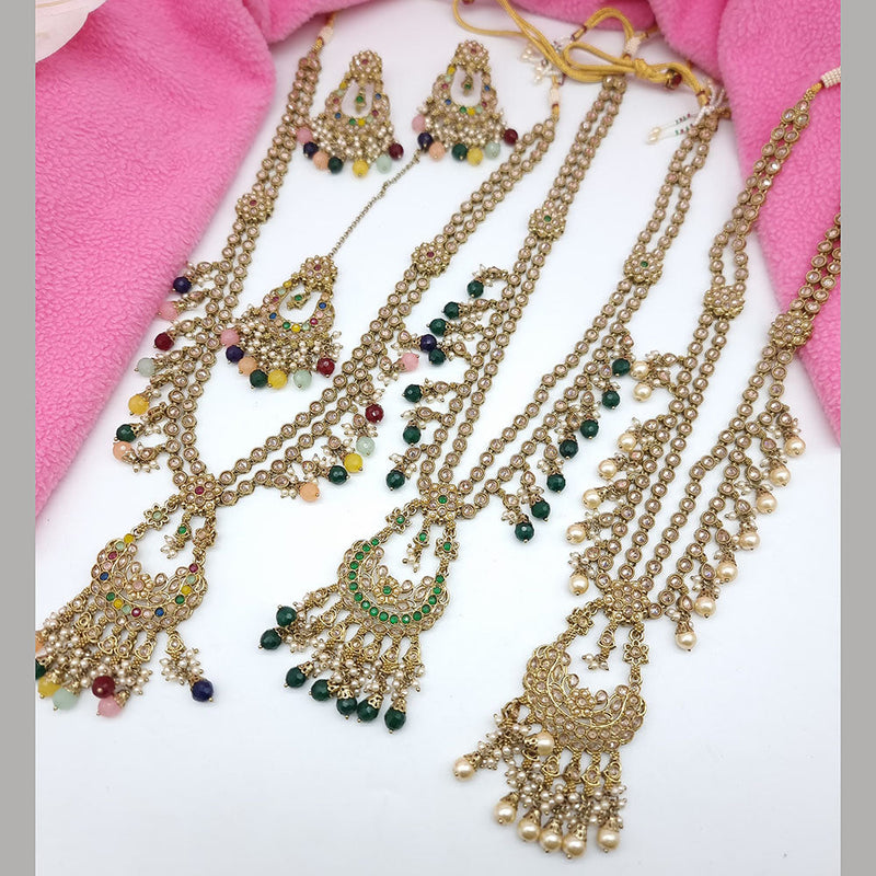 Jcm Gold Plated Crystal Stone And Pearls Long Necklace Set