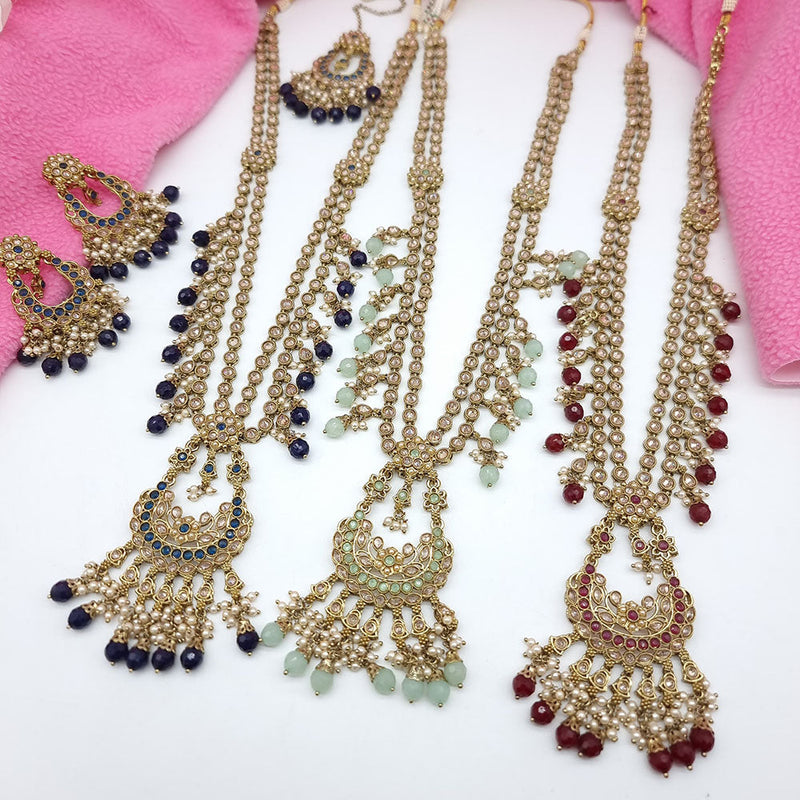 Jcm Gold Plated Crystal Stone And Pearls Long Necklace Set