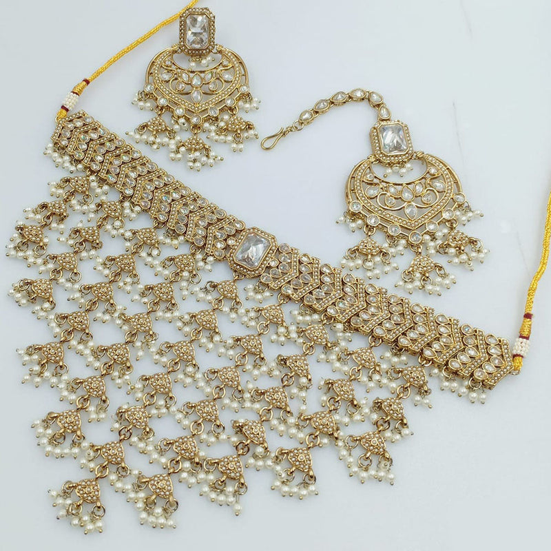 JCM Gold Plated Crystal Stone And Pearl Choker Necklace Set