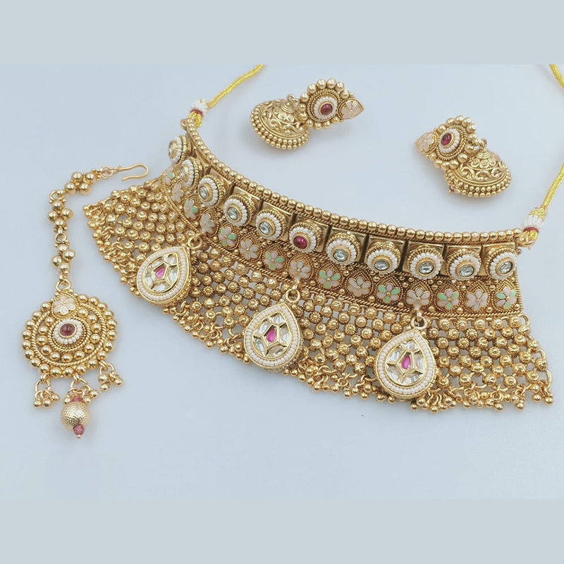 JCM Gold Plated Kundan Stone And Meenakari Choker Necklace Set