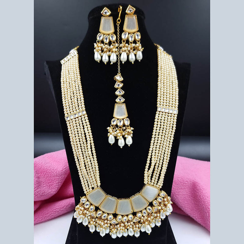 JCM Gold Plated Kundan Stone And Pearls Long Necklace Set