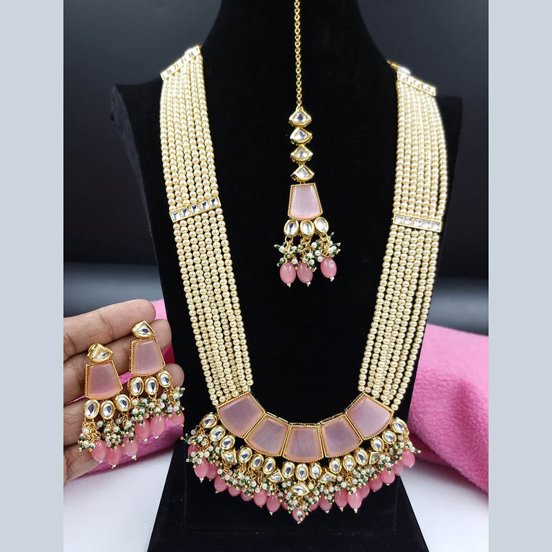 JCM Gold Plated Kundan Stone And Pearls Long Necklace Set