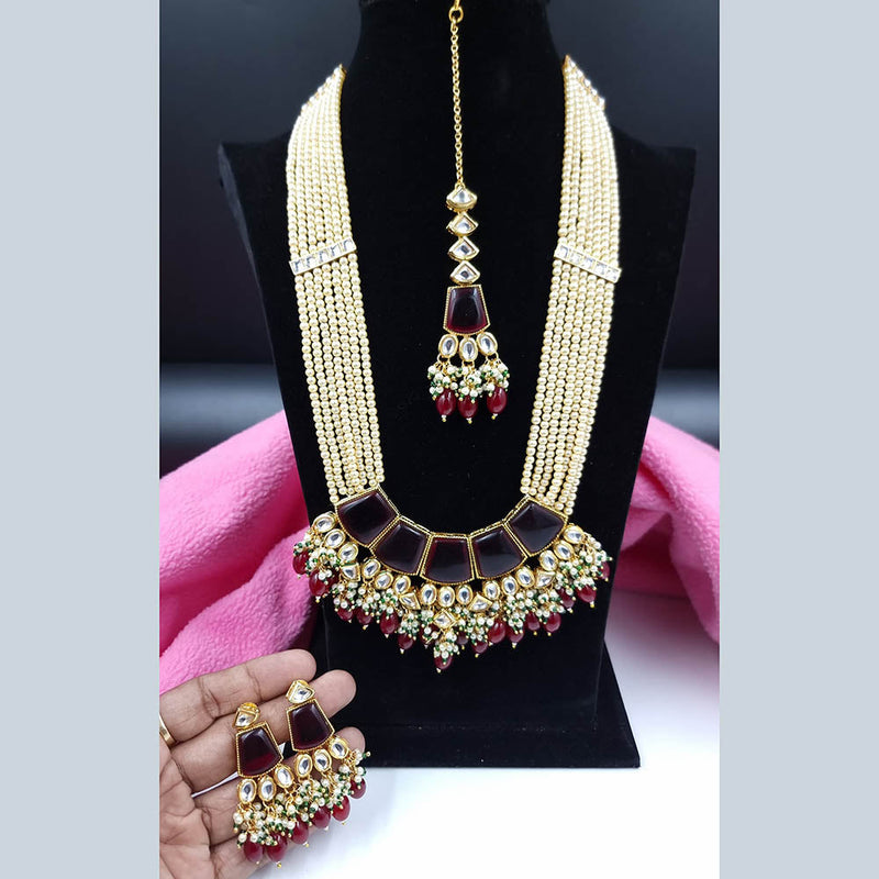 JCM Gold Plated Kundan Stone And Pearls Long Necklace Set