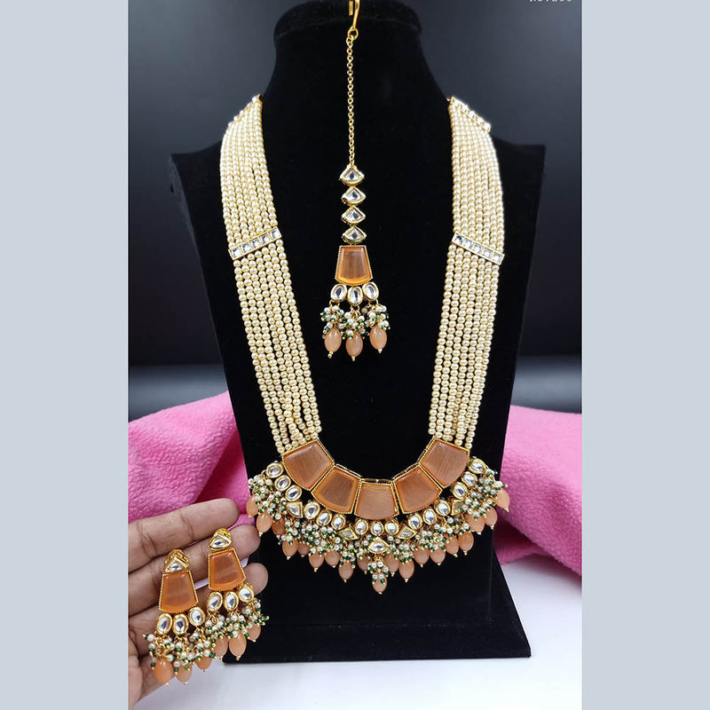 JCM Gold Plated Kundan Stone And Pearls Long Necklace Set